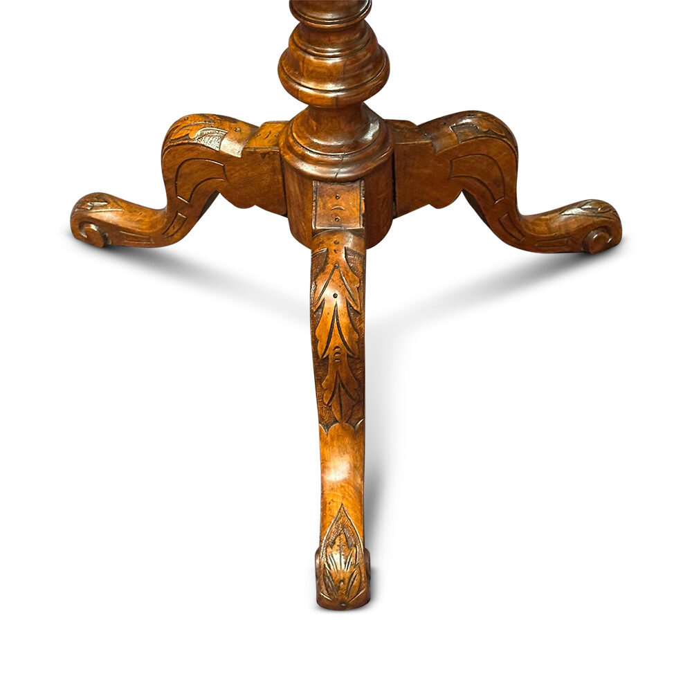 Burr walnut inlaid chess table on carved tri-foot pedestal base c.1880