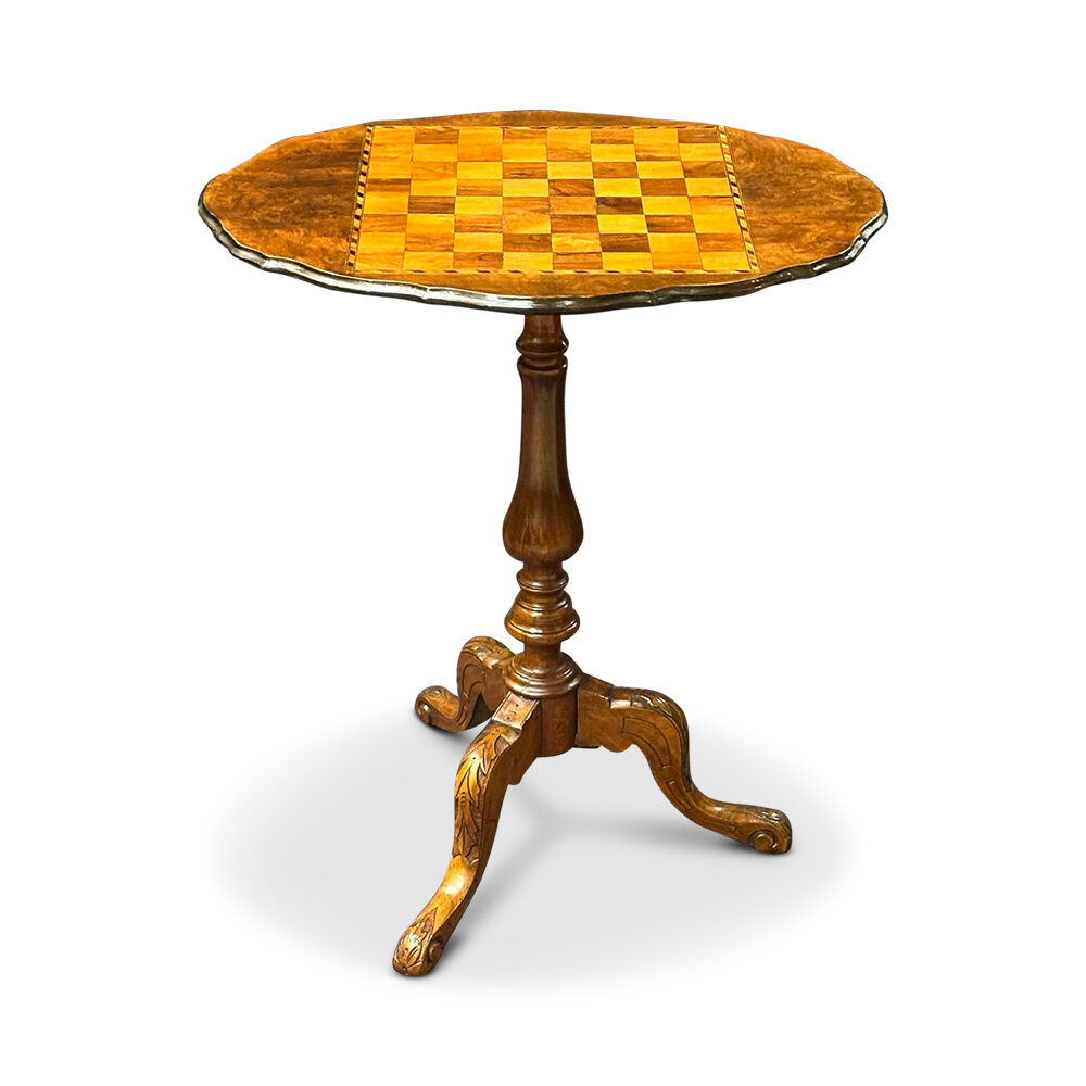 Burr walnut inlaid chess table on carved tri-foot pedestal base c.1880