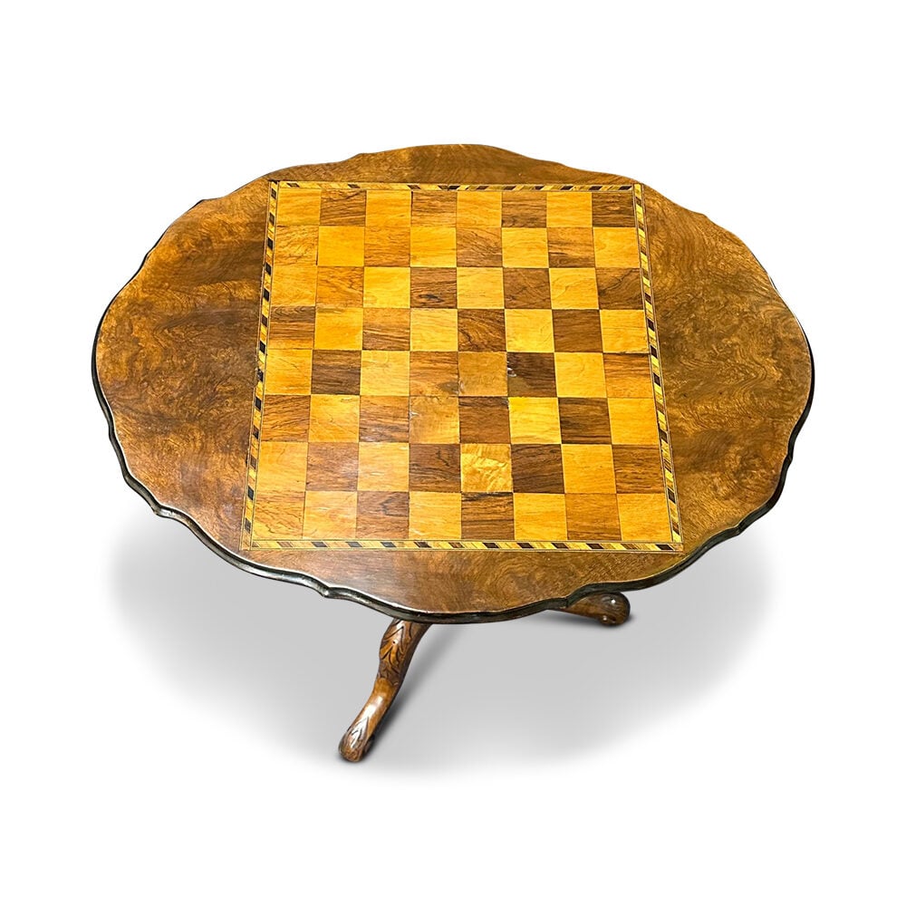 Burr walnut inlaid chess table on carved tri-foot pedestal base c.1880