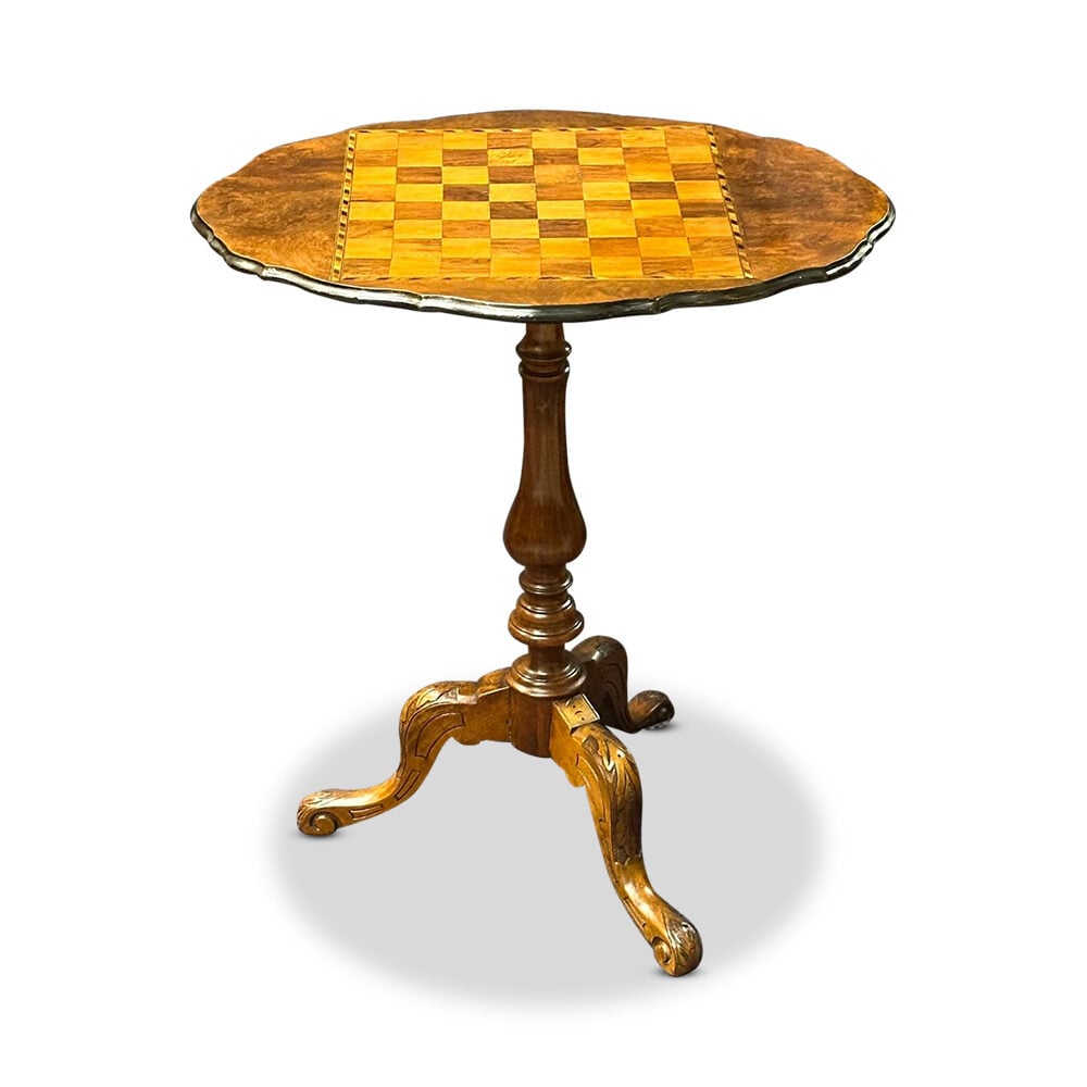 Burr walnut inlaid chess table on carved tri-foot pedestal base c.1880