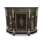 English Ebonised 3 door breakfront credenza with marquetry inlays and gilt bronze mounts c.1870