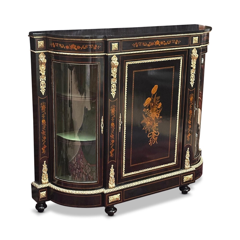 English Ebonised 3 door breakfront credenza with marquetry inlays and gilt bronze mounts c.1870