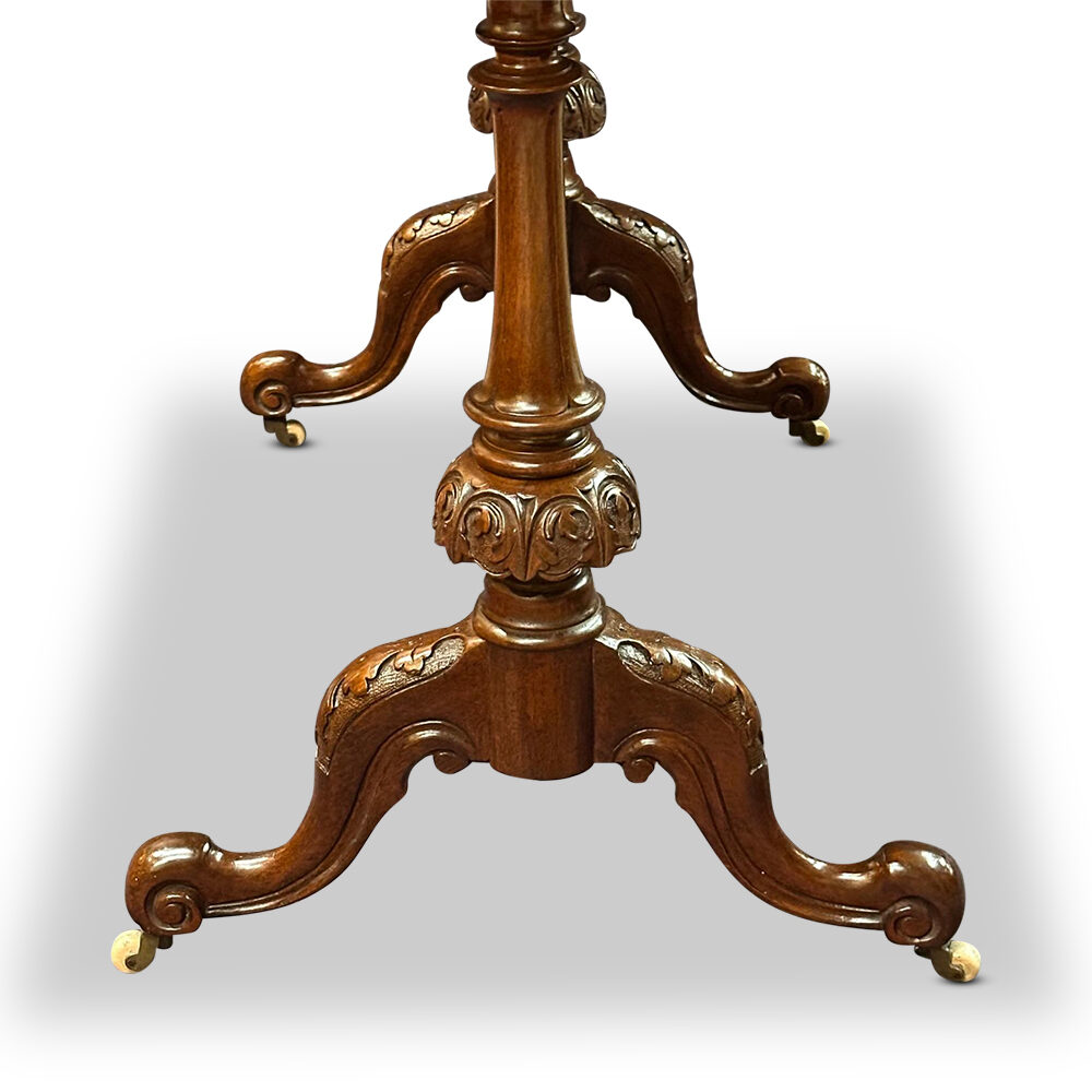 English burr walnut writing desk with tooled leather top and carved stretcher base c.1870