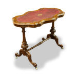 English burr walnut writing desk with tooled leather top and carved stretcher base c.1870
