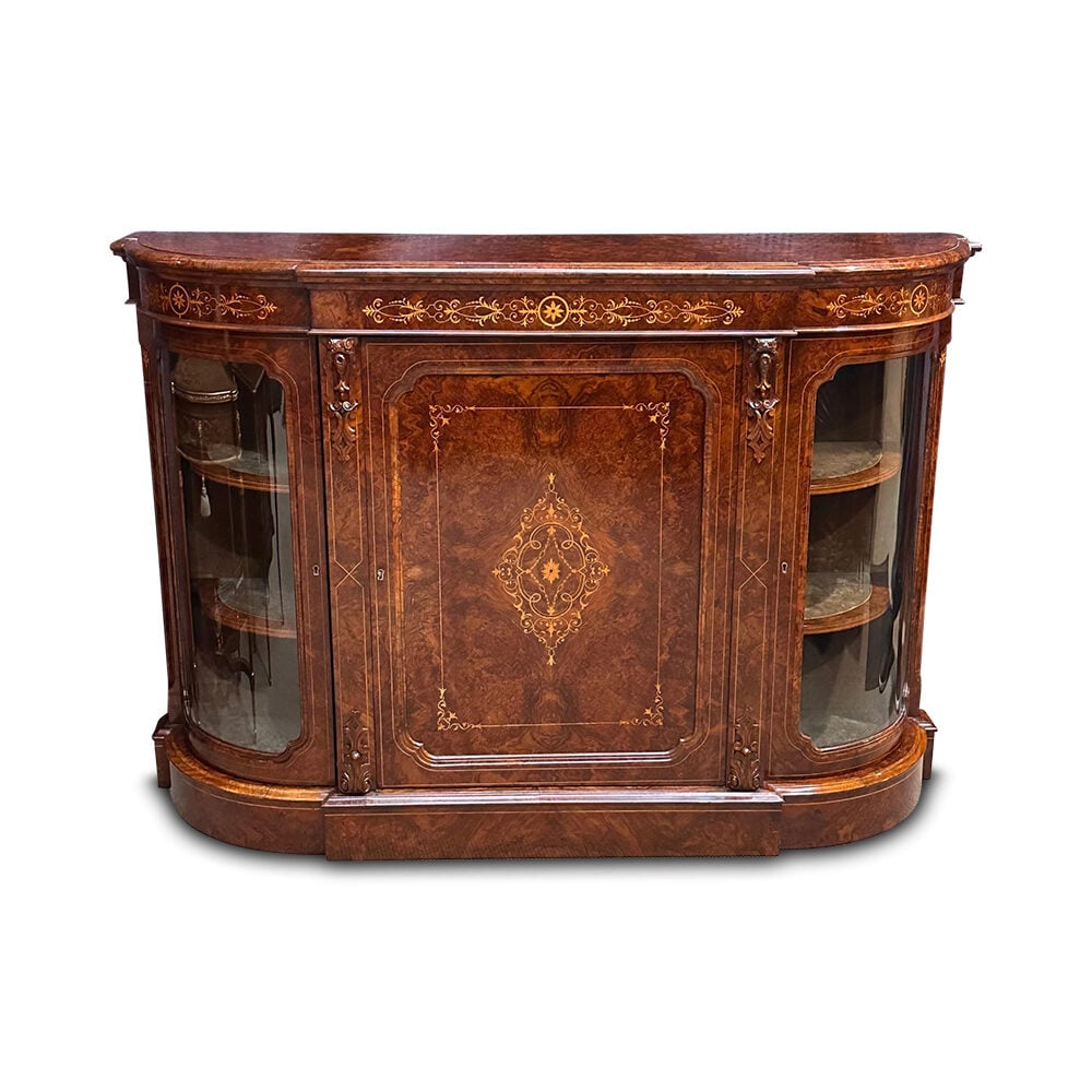 Superb English burr walnut 3 door breakfront credenza with fine marquetry inlays c.1870