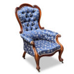 19th century English mahogany gents chair with beautiful carvings and upholstery c.1870