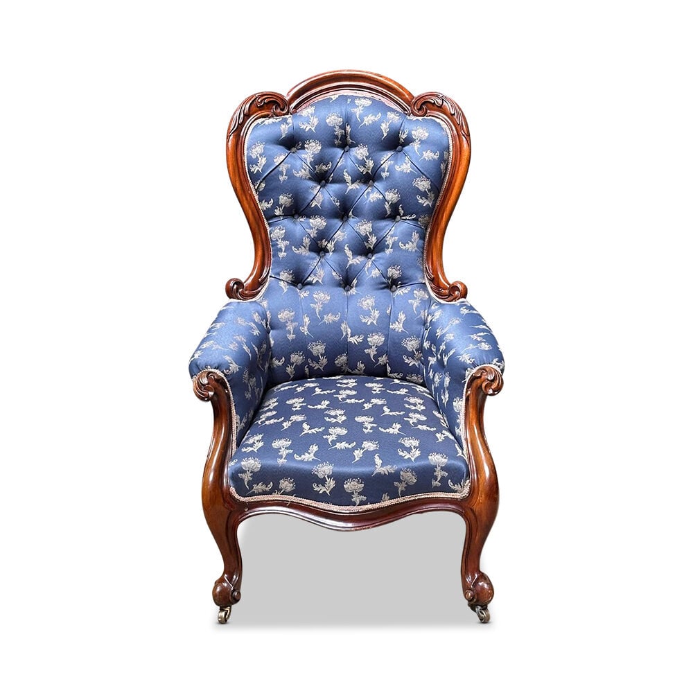 19th century English mahogany gents chair with beautiful carvings and upholstery c.1870