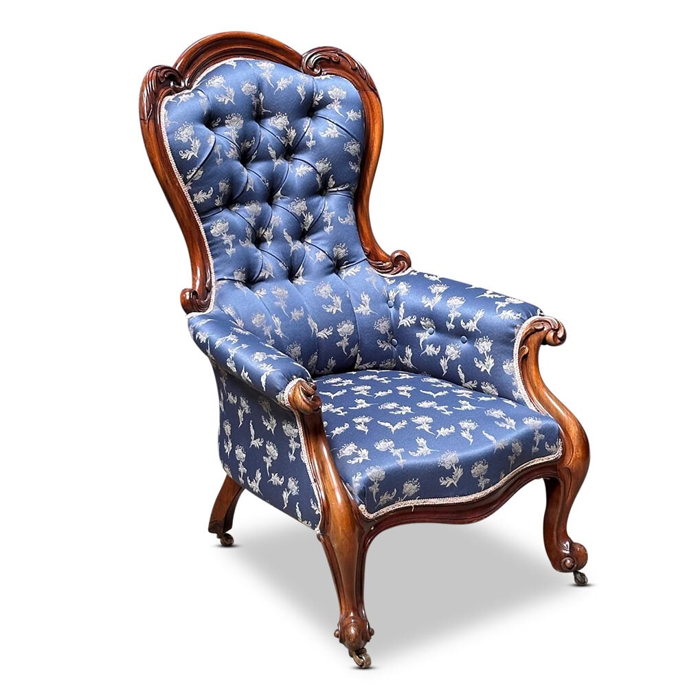 19th century English mahogany gents chair with beautiful carvings and upholstery c.1870