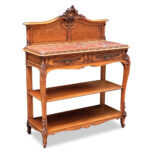 19th century French walnut rouge marble top two tier servery with carved cartouche and two drawers c.1890