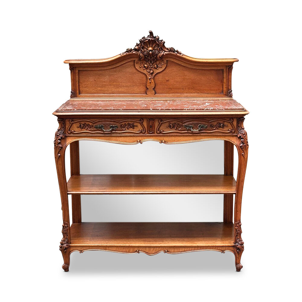 19th century French walnut rouge marble top two tier servery with carved cartouche and two drawers c.1890