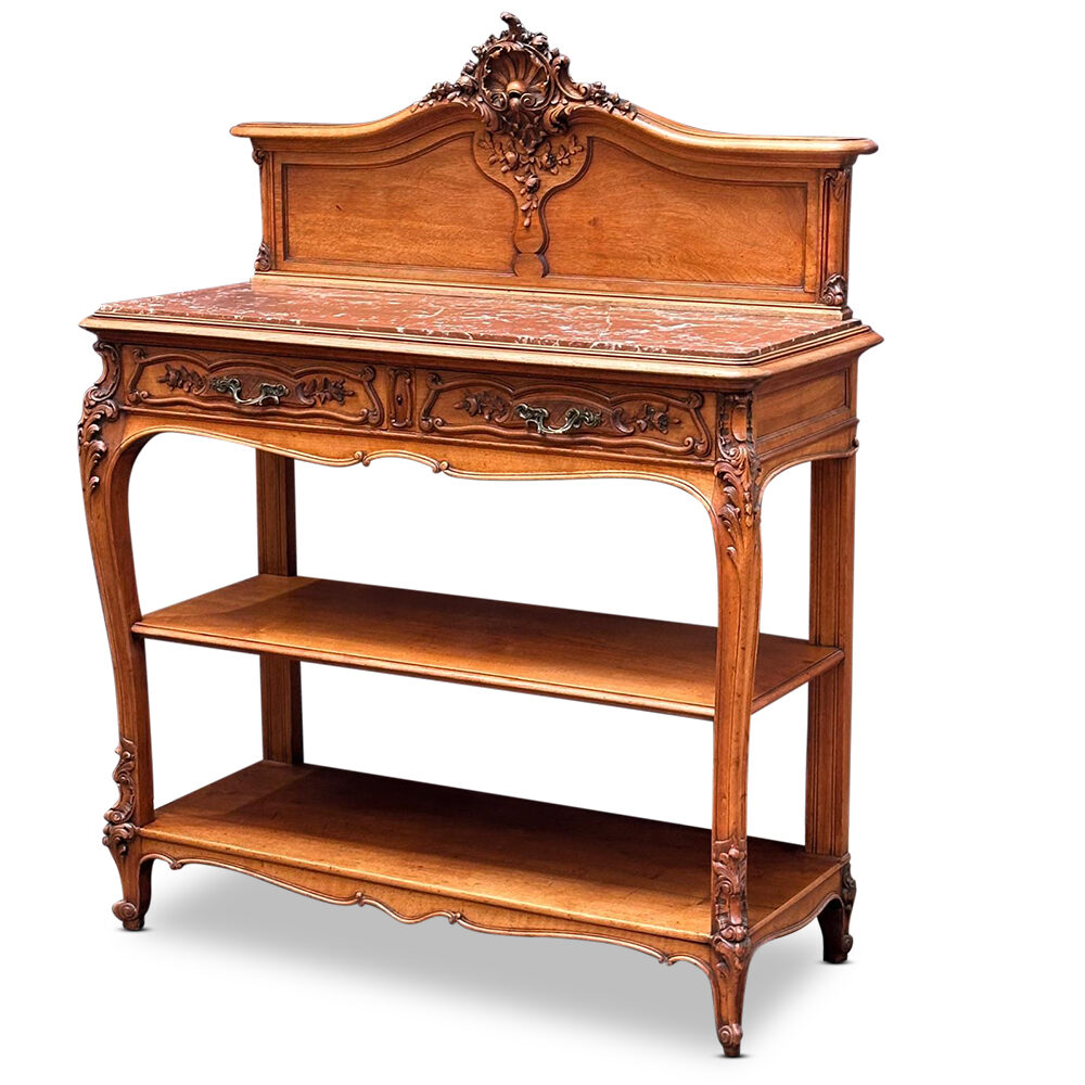 19th century French walnut rouge marble top two tier servery with carved cartouche and two drawers c.1890