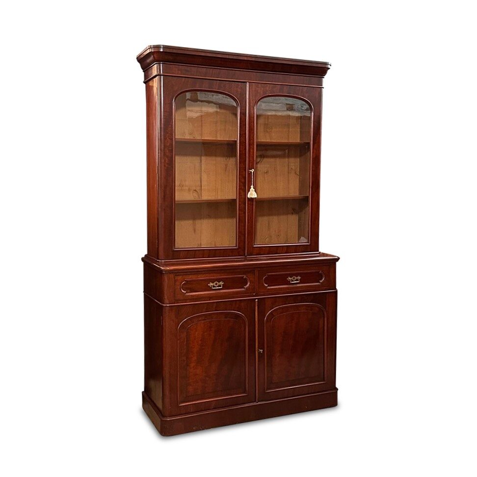 English mahogany 2 door 2 drawer bookcase with brass hardware c.1870