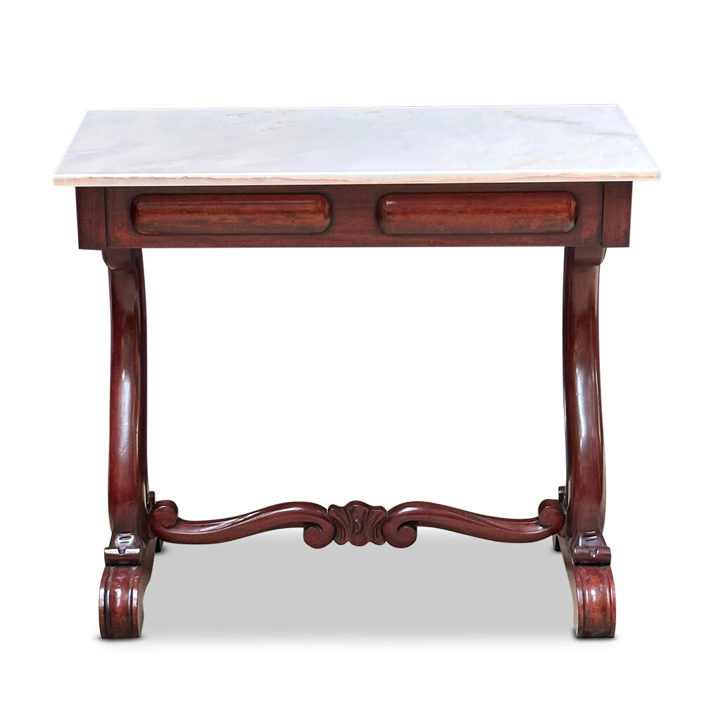 English mahogany console table with s shaped supports and later marble top c.1860