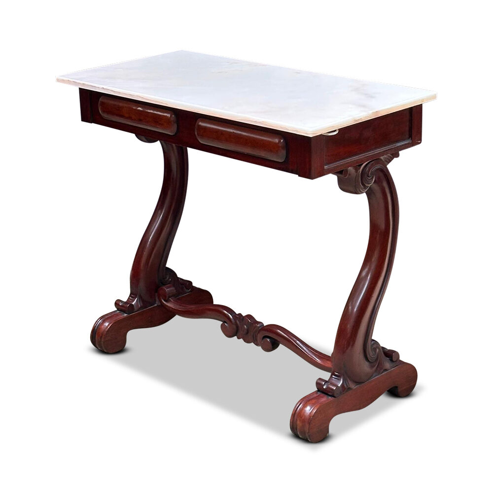 English mahogany console table with s shaped supports and later marble top c.1860