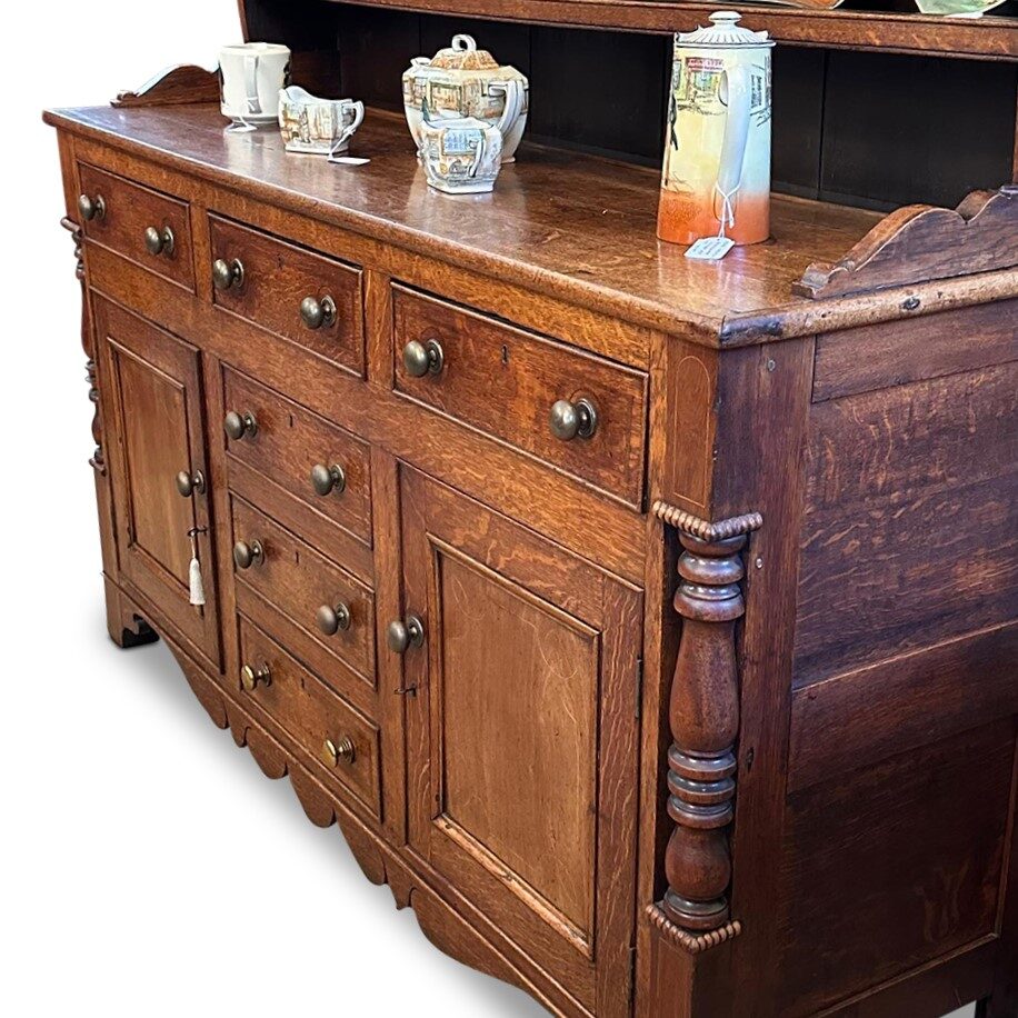 English oak 2 door 3 drawer kitchen dresser with string inlays c.1820 - Image 2