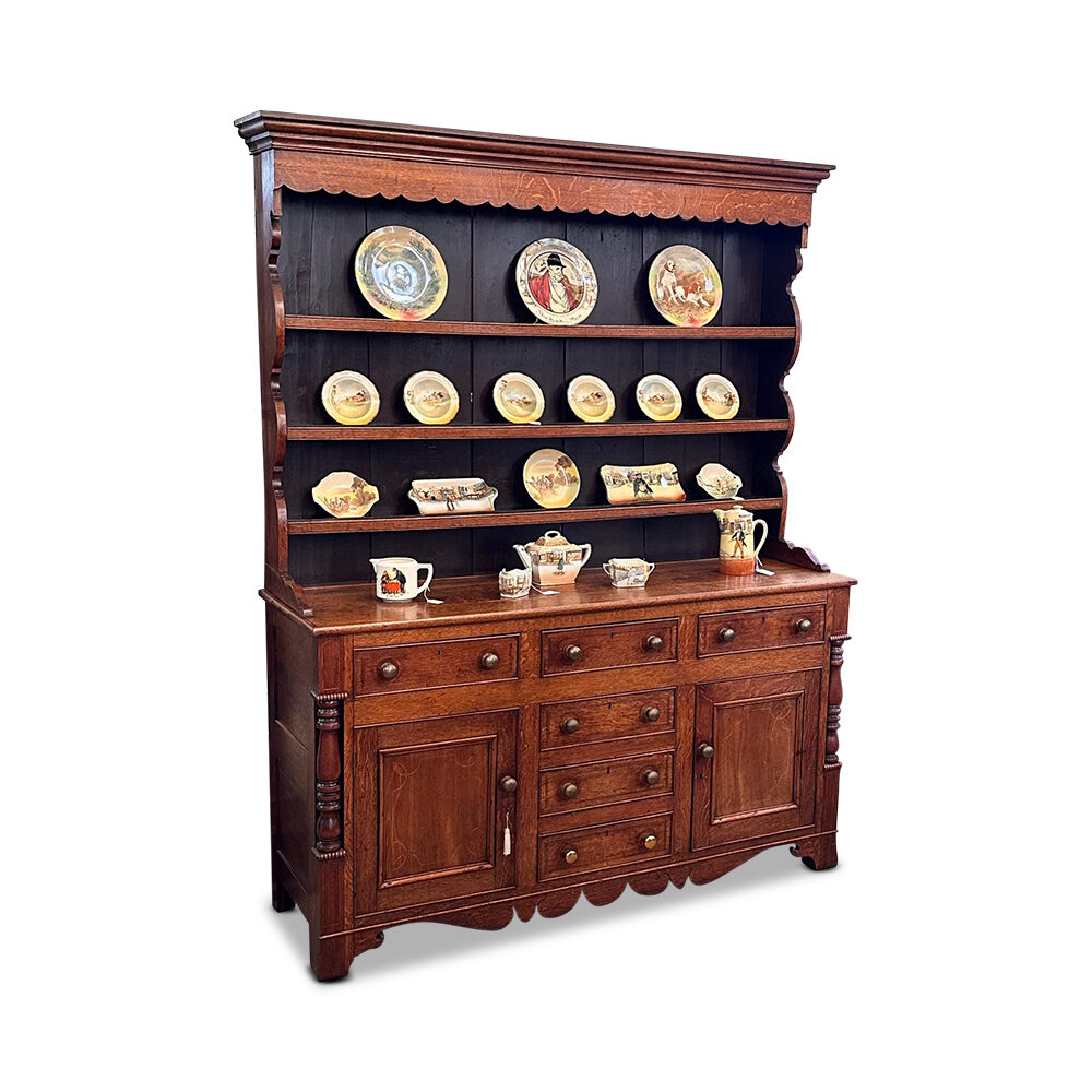 English oak 2 door 3 drawer kitchen dresser with string inlays c.1820