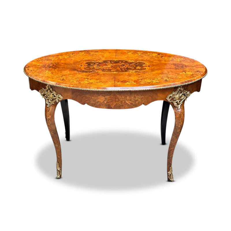 French burr walnut Louis XV style oval marquetry centre table with ormolu mounts c.1870