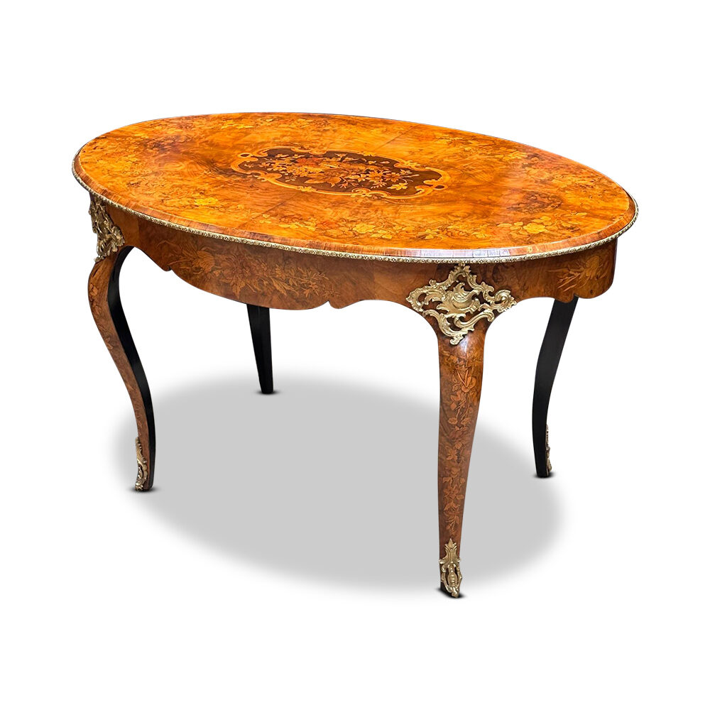 French burr walnut Louis XV style oval marquetry centre table with ormolu mounts c.1870