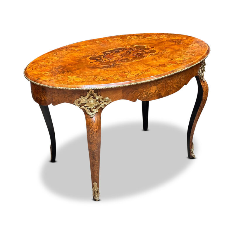 French burr walnut Louis XV style oval marquetry centre table with ormolu mounts c.1870