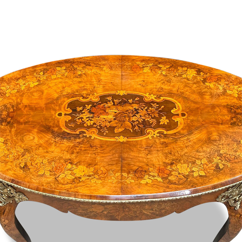 French burr walnut Louis XV style oval marquetry centre table with ormolu mounts c.1870