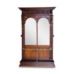 French oak hall stand with mirrored back and brass rails and hooks c.1870