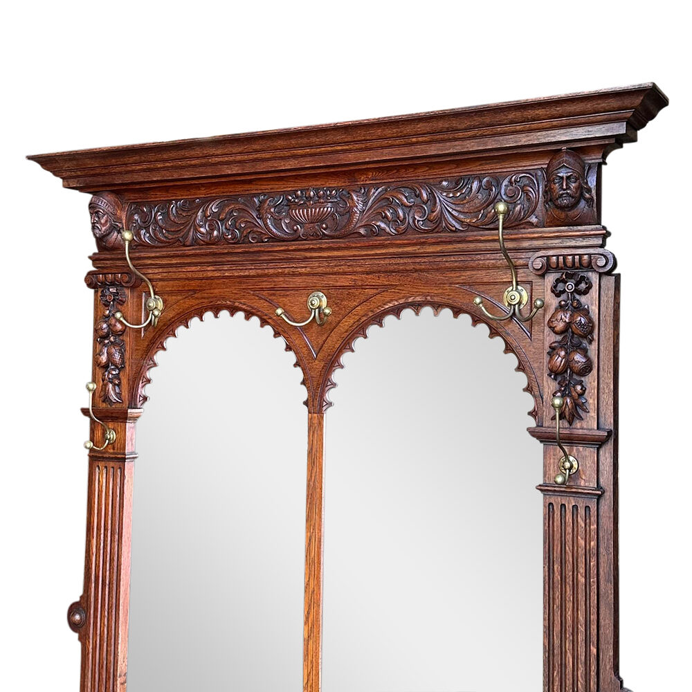 French oak hall stand with mirrored back and brass rails and hooks c.1870