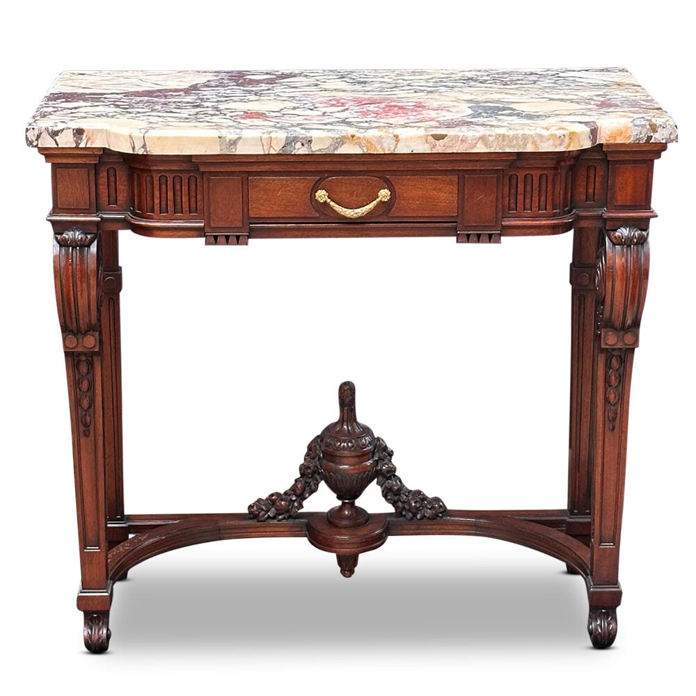 French walnut single drawer console table with calacatta viola marble top c.1880