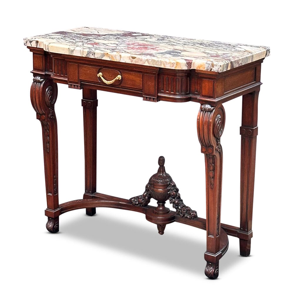 French walnut single drawer console table with calacatta viola marble top c.1880