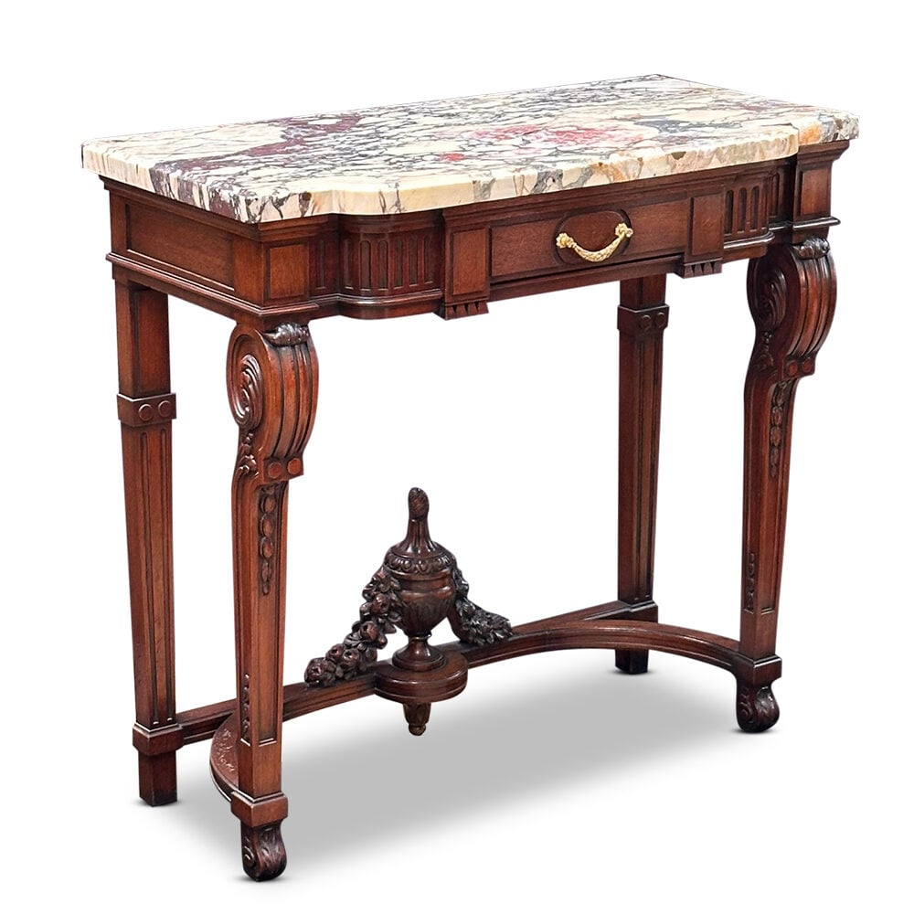 French walnut single drawer console table with calacatta viola marble top c.1880