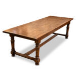 Large French elm farmhouse refectory dining table with stretcher base