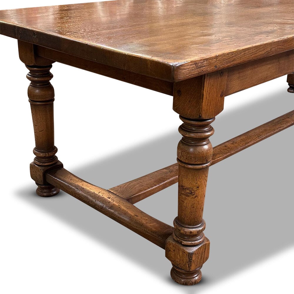 Large French elm farmhouse refectory dining table with stretcher base