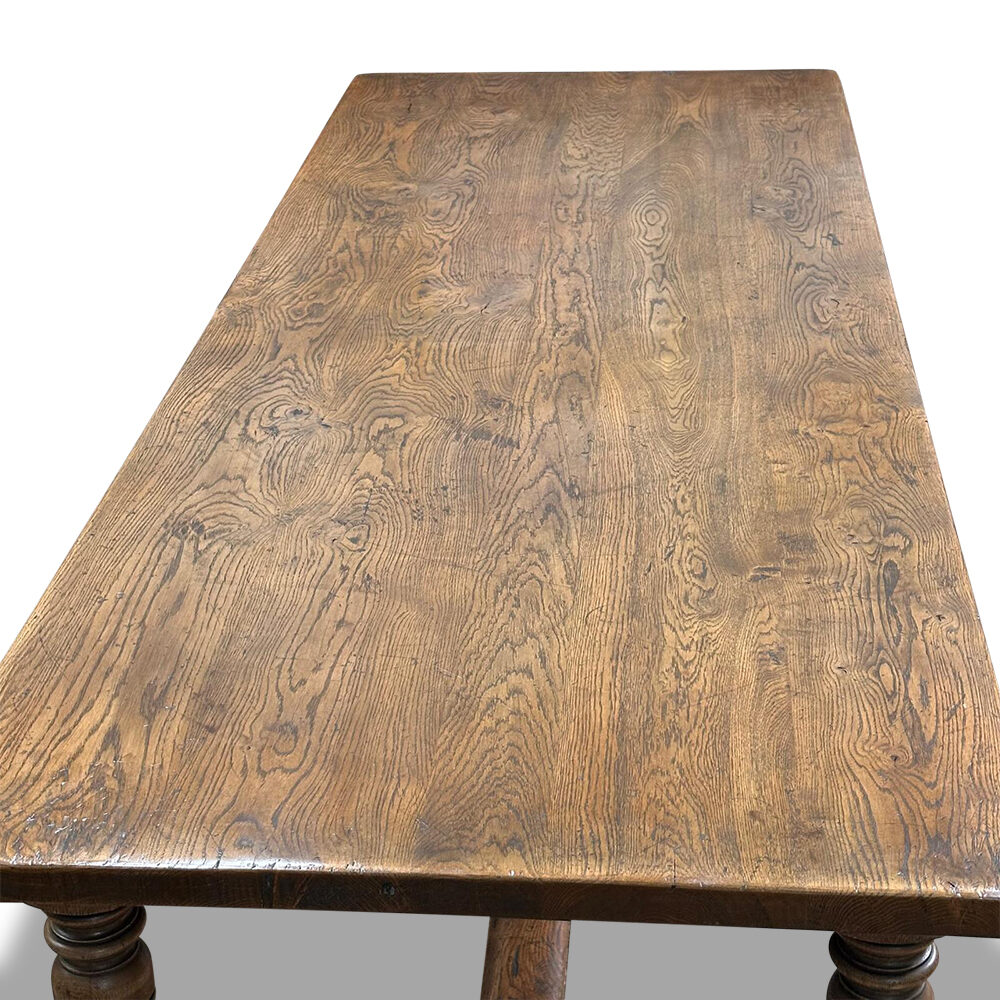 Large French elm farmhouse refectory dining table with stretcher base