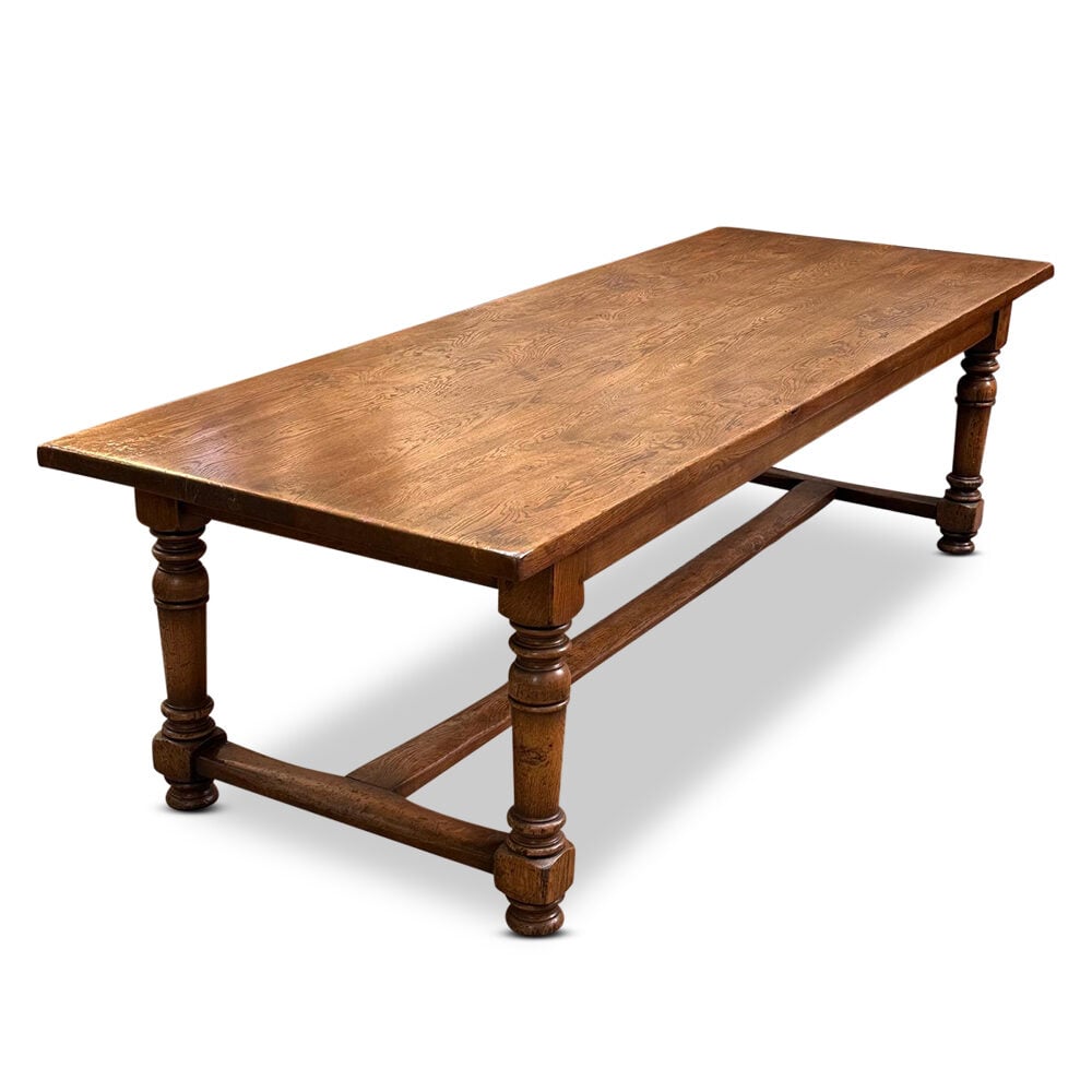 Large French elm farmhouse refectory dining table with stretcher base