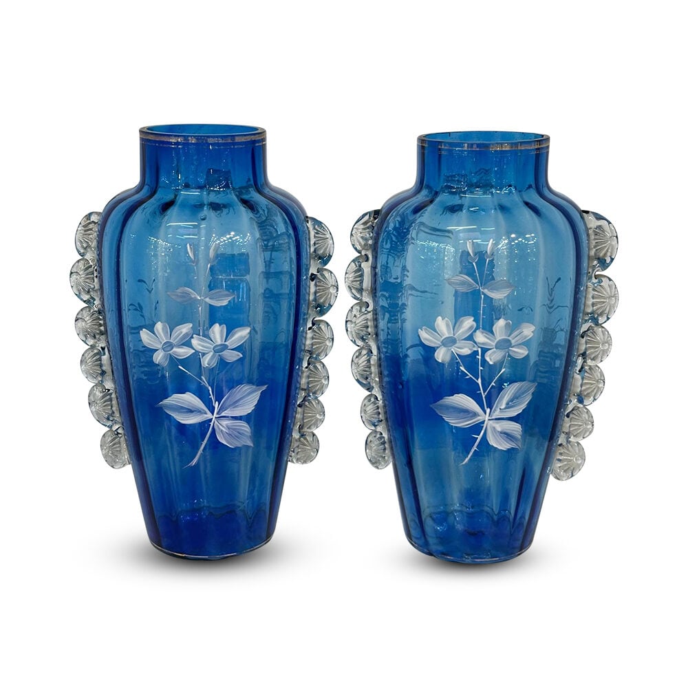Pair Mary Gregory cornflower blue vases c.1880
