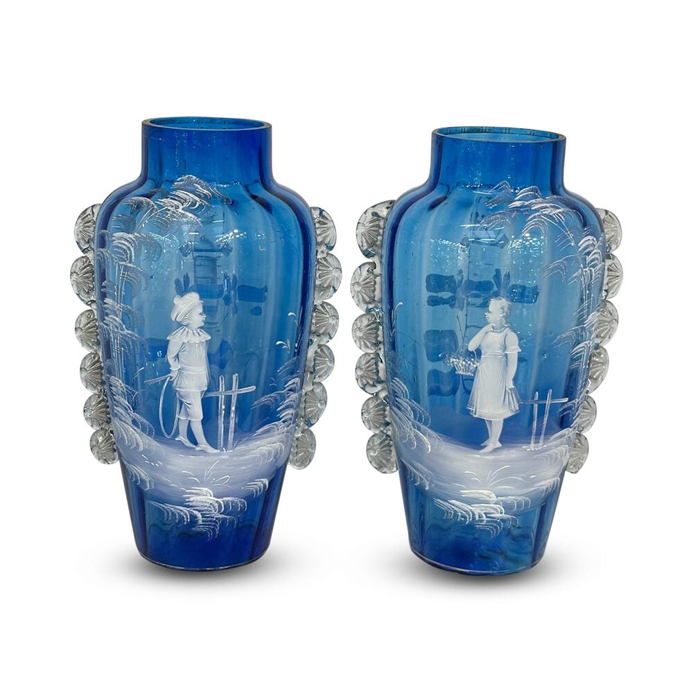 Pair Mary Gregory cornflower blue vases c.1880
