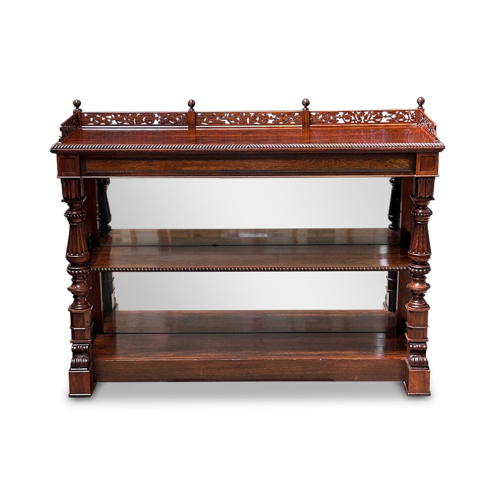 Superb English rosewood mirror back servery with full width drawer fretwork and carvings c.1850