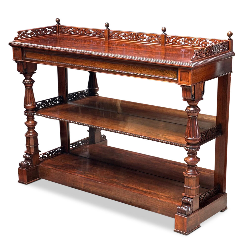 Superb English rosewood mirror back servery with full width drawer fretwork and carvings c.1850