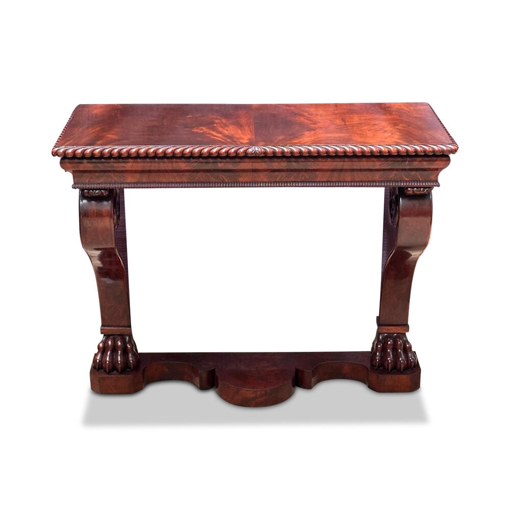 William IV mahogany console table with gadrooned edges and lion paw feet c.1860